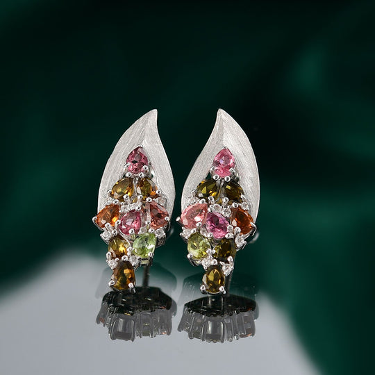 Aurora-Knospen-Mehrfarbig-Turmalin, Weißer Zirkon Ohrringe 925 Silber rhodiniert ca. 2,89 ct.