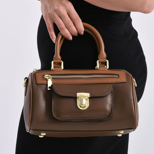 Echtleder-Duffle-Crossbody-Bag im Klassik-Design, 25,5x13x13,5 cm, Schwarz