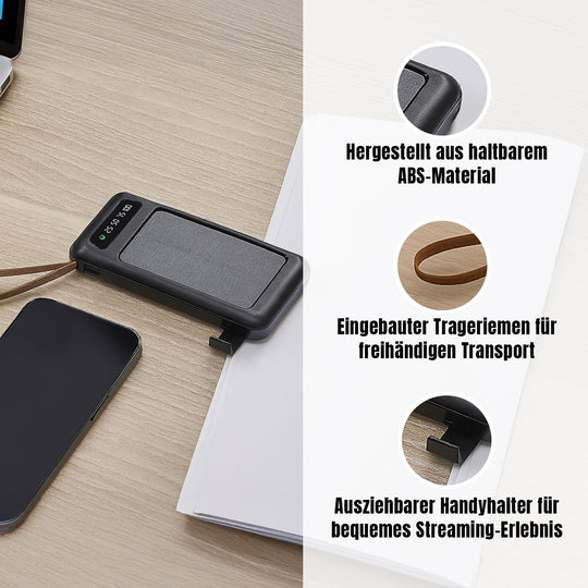 Powerbank mit 10.000 mAh, integrierter LED-Taschenlampe, 4 integrierten Kabeln und Handyhalterung, 14x7x2cm, Schwarz