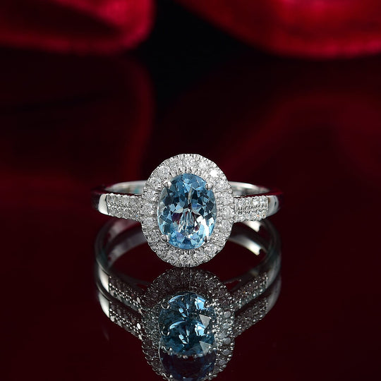 LUXORO AAA Santamaria Aquamarin, Weißer Diamant AGI zertifiziert Ring 585 Gold (Größe 17.00) ca. 1.58 ct