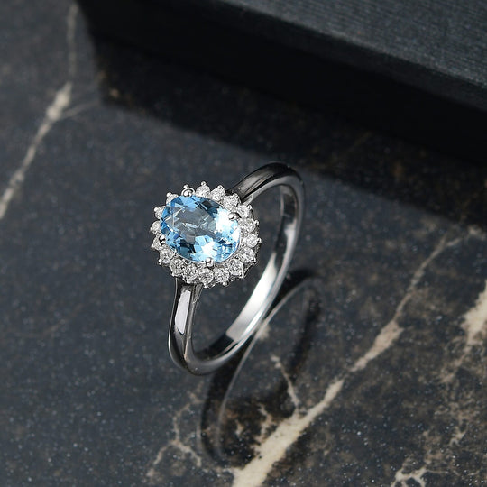 LUXORO AAA Santamaria Aquamarin, Weißer Diamant AGI zertifiziert Ring 585 Gold (Größe 19.00) ca. 1.22 ct