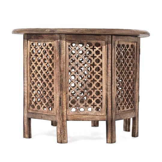NAKKASHI Tisch Mangoholz handgeschnitzt sechseckig 68 x 68 x 49 cm Burnt-Finish
