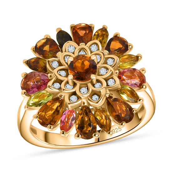 Mosaik der Natur - Mehrfarbiger-Turmalin Ring 925 Silber 750 Gelbgold Vermeil (Größe 19.00) ca. 2.60 ct