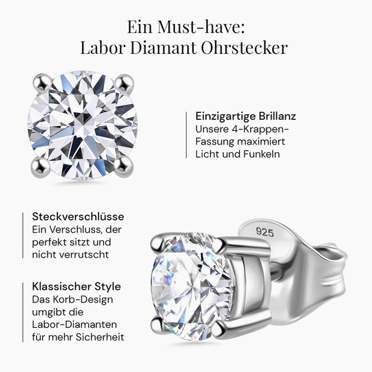 LUXURIANT DIAMOND - Lab Grown Diamant VS-EF SGL zertifiziert Ohrringe 925 Silber Gelbgold Vermeil ca. 1.50 ct