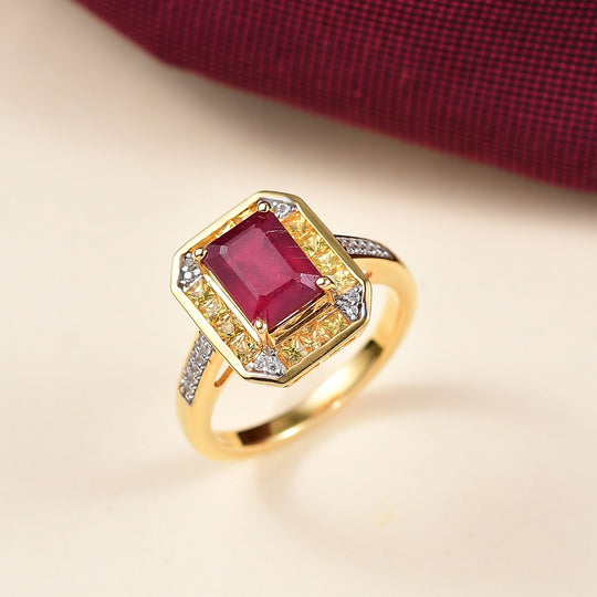 D'Joy AA Afrikanischer Rubin (Fissure gefüllt), Saphir Ring 925 Silber 750 Gelbgold Vermeil (Größe 19.00) ca. 3.17 ct