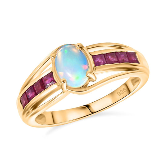 AA Natürlicher, äthiopischer Welo Opal, Afrikanischer Rubin (Fissure gefüllt) Ring 925 Silber vergoldet (Größe 20.00) ca. 1,09 ct