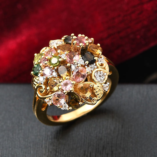 Mehrfarbig-Turmalin Ring 925 Silber 750 Gelbgold Vermeil (Größe 18.00) ca. 2,60 ct