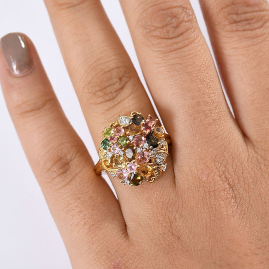 Mehrfarbig-Turmalin Ring 925 Silber 750 Gelbgold Vermeil (Größe 18.00) ca. 2,60 ct