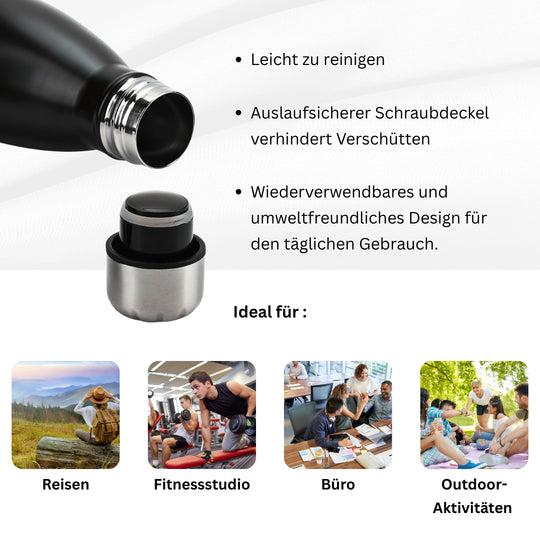 Doppelwandige Edelstahl-Trinkflasche, 500 ml, Schwarz