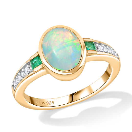 D'Joy natürlicher, äthiopischer Welo Opal, Smaragd und Zirkon Ring, 925 Silber vergoldet - 1,36 ct