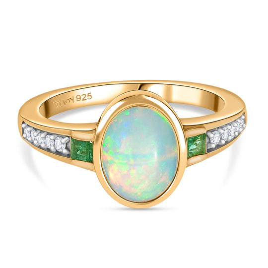 D'joy Natürlicher, äthiopischer Welo Opal, Smaragd Ring 925 Silber vergoldet (Größe 16.00) ca. 1.44 ct
