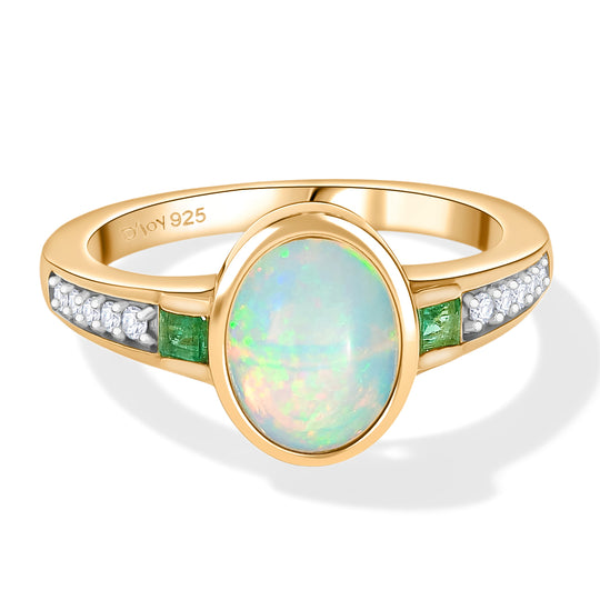 D'Joy natürlicher, äthiopischer Welo Opal, Smaragd und Zirkon Ring, 925 Silber vergoldet - 1,36 ct