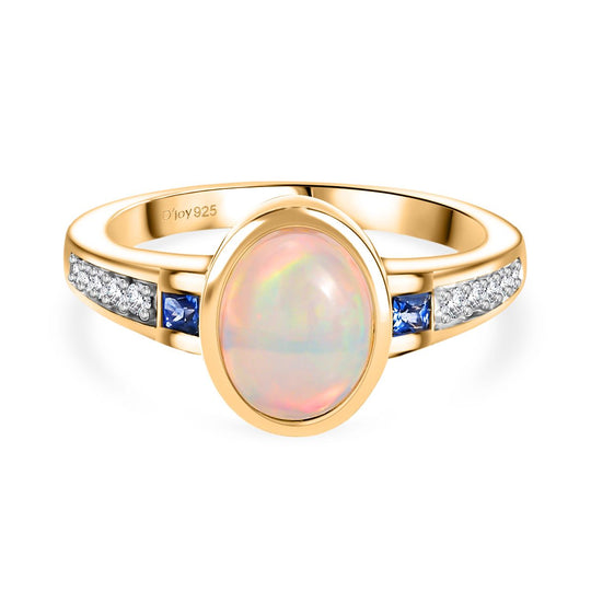 D’joy Natürlicher, äthiopischer Welo Opal, Ceylon-Saphir Ring 925 Silber vergoldet (Größe 18.00) ca. 1,87 ct