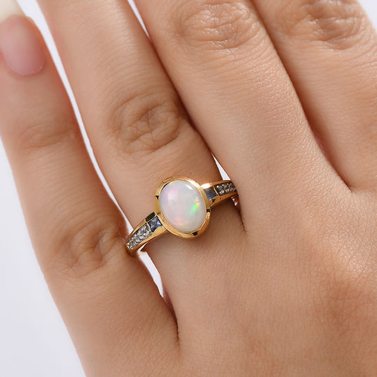 D’joy Natürlicher, äthiopischer Welo Opal, Ceylon-Saphir Ring 925 Silber vergoldet (Größe 18.00) ca. 1,87 ct