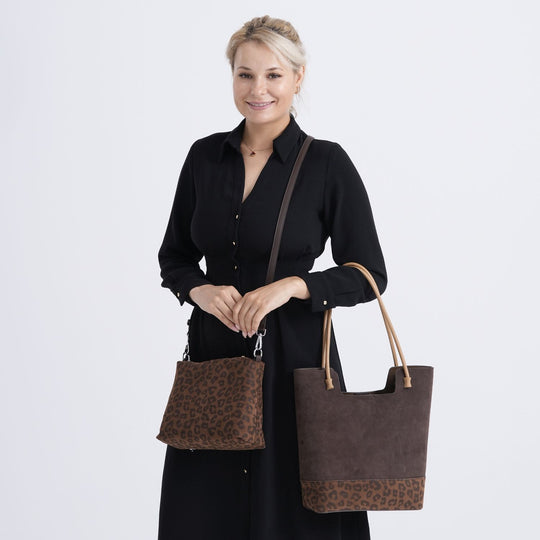 2er-Set Echtleder-Taschen, Shopper und Umhängetasche mit Leopardenmuster und unifarbenem Kontrast, Dunkelkaffee