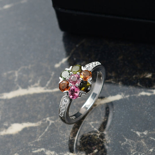 D joy Mehrfarbiger-Turmalin Ring 925 Silber platiniert (Größe 19.00) ca. 1.50 ct