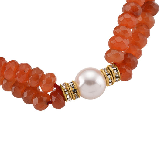 Weiße Muschelkernperle (9-11 mm) Armband mit Orangem Quarzit und Weißem Kristall, flexibel (18-19 cm), Goldfarben