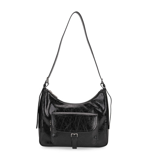 Schultertasche aus Echtleder mit Fronttasche, 28,5x9x25 cm, Schwarz