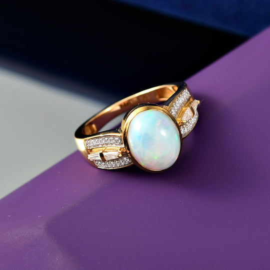 Natürlicher, äthiopischer Welo Opal, Moissanit Ring 925 Silber 750 Gelbgold Vermeil (Größe 20.00) ca. 2,34 ct