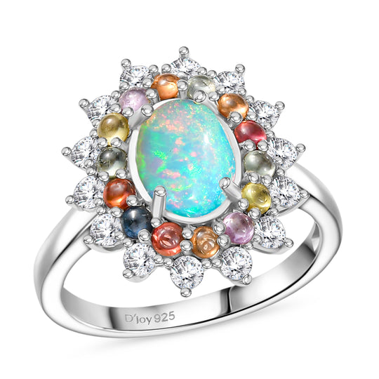 AA Natürlicher, äthiopischer Welo Opal, Mehrfarbiger Saphir Ring 925 Silber rhodiniert (Größe 19.00) ca. 2.41 ct