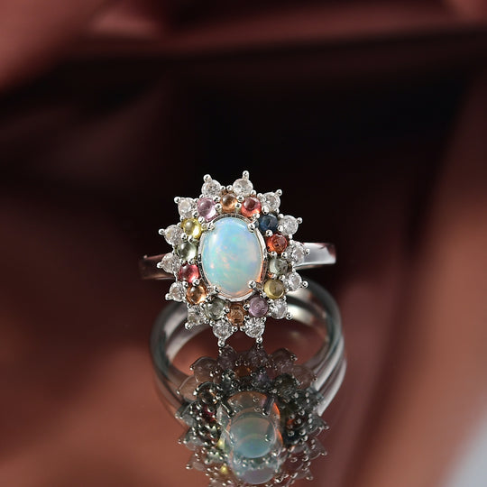 AA Natürlicher, äthiopischer Welo Opal, Mehrfarbiger Saphir Ring 925 Silber rhodiniert (Größe 19.00) ca. 2.41 ct