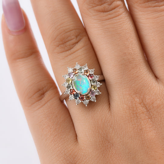 AA Natürlicher, äthiopischer Welo Opal, Mehrfarbiger Saphir Ring 925 Silber rhodiniert (Größe 19.00) ca. 2.41 ct