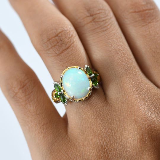 D joy AA Natürlicher, äthiopischer Welo Opal, Natürlicher Chromdiopsid Ring 925 Silber rhodiniert (Größe 20.00) ca. 4.19 ct