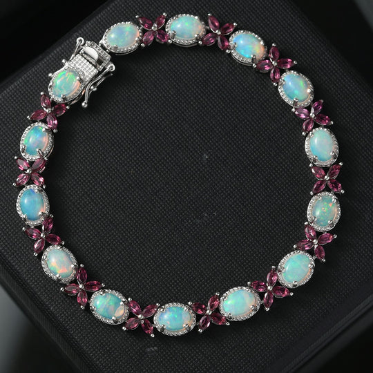 Petals of Dawn - D joy Natürlicher, äthiopischer Welo Opal, Rhodolith Granat Armband ca. 19 cm 925 Silber rhodiniert ca. 12,53 ct.