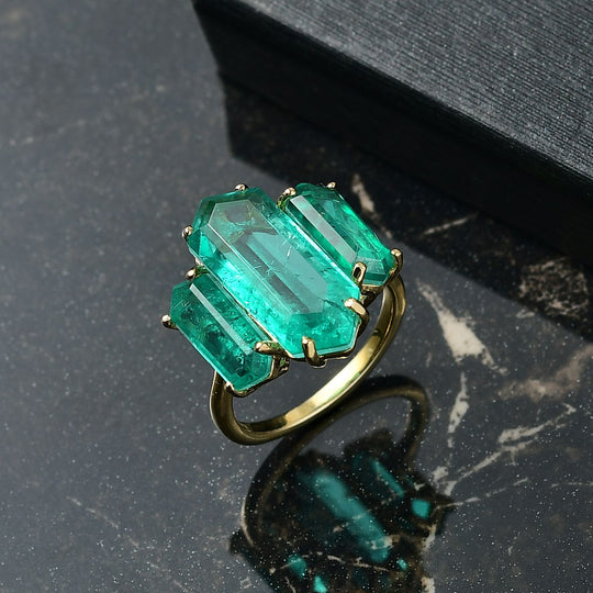 D’joy Smaragd-Quarz Triplette Ring 925 Silber 750 Gelb Vergoldet (Größe 20.00) ca. 11,11 ct