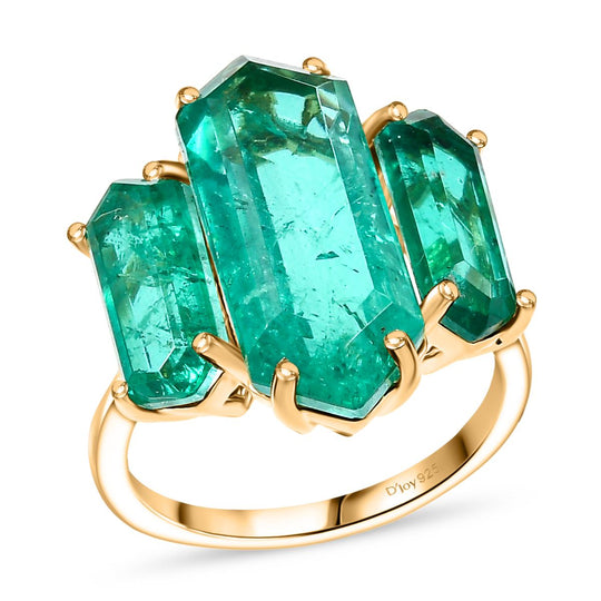 D’joy Smaragd-Quarz Triplette Ring 925 Silber 750 Gelb Vergoldet (Größe 20.00) ca. 11,11 ct