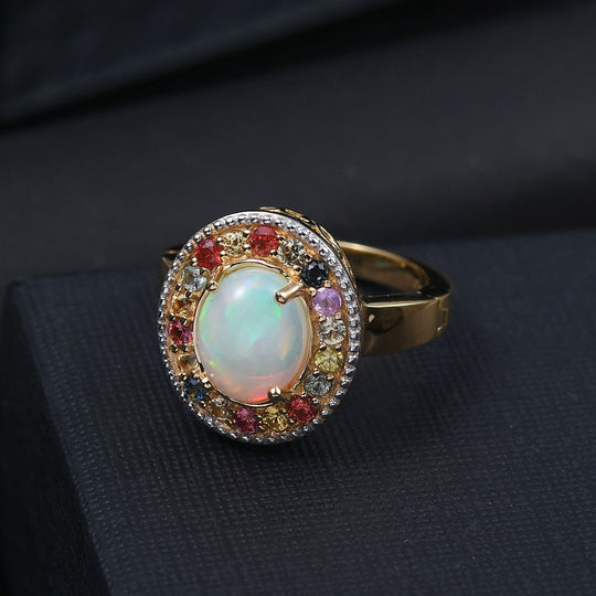 Djoy AA Natürlicher, äthiopischer Welo Opal, Mehrfarbig Saphir Ring 925 Silber 750 Gelbgold Vermeil (Größe 19.00) ca. 2.80 ct