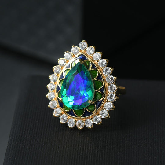 D joy Pfau Quarz Triplette, Weißer Zirkon Ring 925 Silber 750 Gelbgold Vermeil (Größe 20.00) ca. 7.78 ct