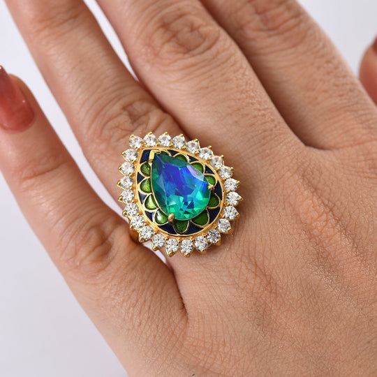D joy Pfau Quarz Triplette, Weißer Zirkon Ring 925 Silber 750 Gelbgold Vermeil (Größe 20.00) ca. 7.78 ct