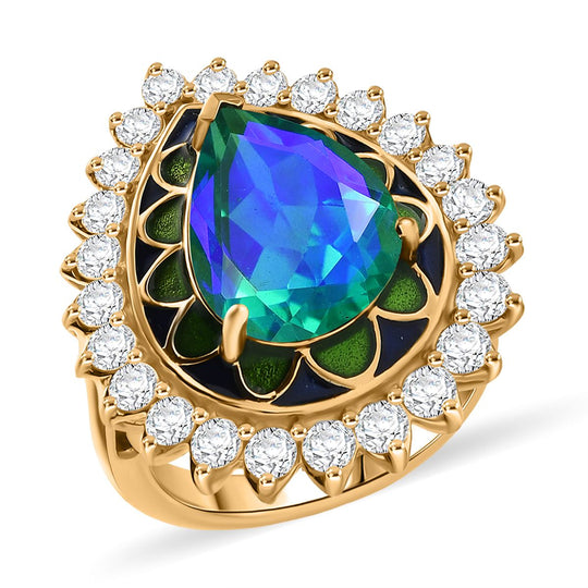 D joy Pfau Quarz Triplette, Weißer Zirkon Ring 925 Silber 750 Gelbgold Vermeil (Größe 20.00) ca. 7.78 ct