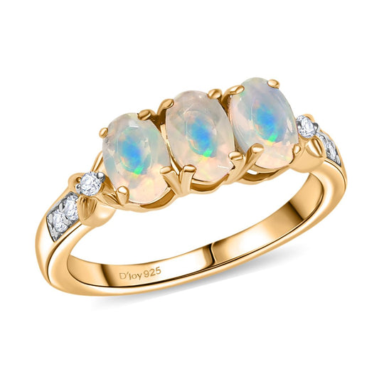 Djoy Natürlicher, äthiopischer Welo Opal, Weißer Zirkon Ring 925 Silber 750 Gelb Vergoldet (Größe 21.00) ca. 1.04 ct