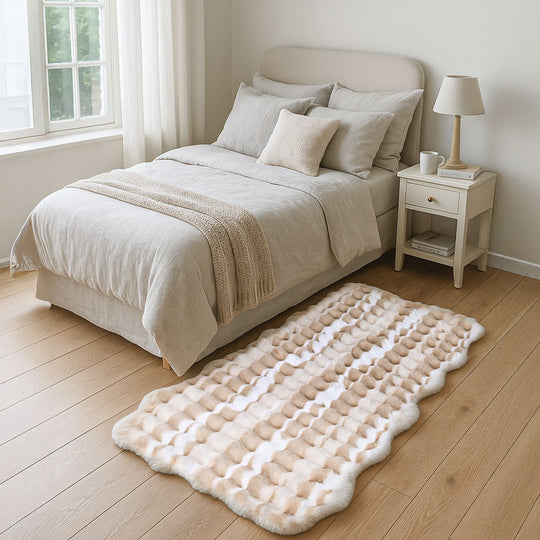 Flauschiger Kunstfell Teppich in Wellenform mit 3D-Blasenstruktur, 100 x 180 cm, Beige