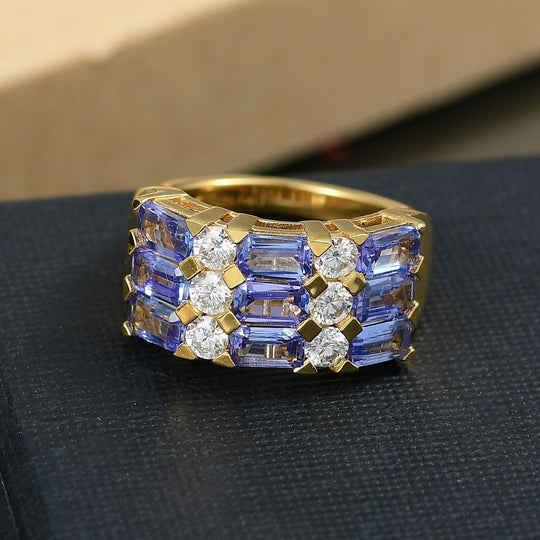 D joy Tansanit, Moissanit Ring 925 Silber 750 Gelbgold Vermeil (Größe 18.00) ca. 3.23 ct