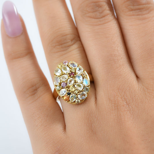 D joy AAA Premium Malagasy Mondstein Galaxy Ring, 925 Silber 750 Gelbgold Vermeil (Größe 16.00) ca. 2.49 ct