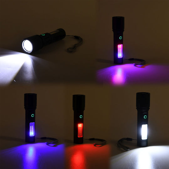 LIVMORE - 6 in 1 LED-Taschenlampen aus Metall mit SOS Funktion, wiederaufladbar, 14x3,5 cm, Rosa