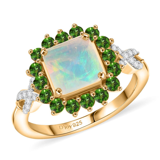 Opal Radiance - D joy Natürlicher, äthiopischer Welo Opal, Natürlicher Chromdiopsid Starlit Ring, 925 Silber 750 Gelbgold Vermeil (Größe 19.00) ca. 1.73 ct