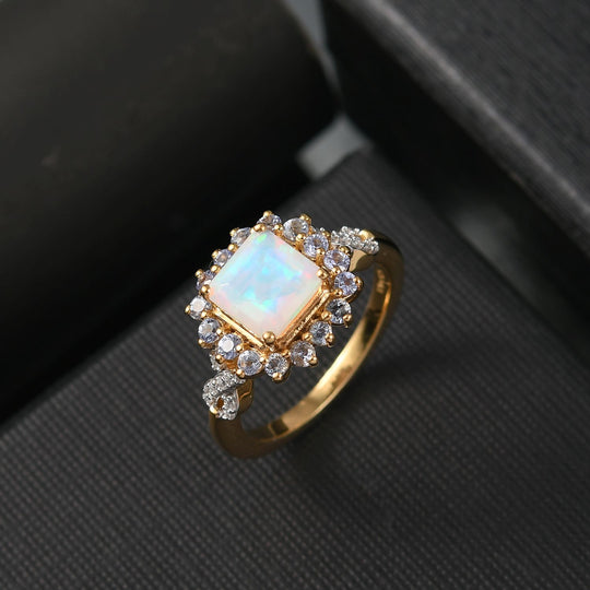 Opal Radiance - D joy Natürlicher, äthiopischer Welo Opal, Tansanit Starlit Ring, 925 Silber 750 Gelbgold Vermeil (Größe 21.00) ca. 1.63 ct