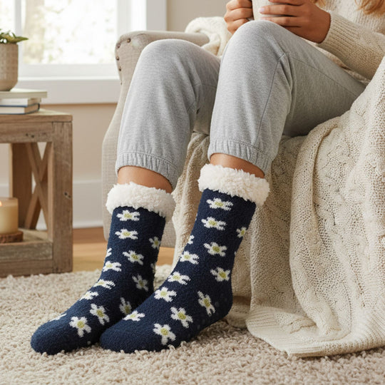 SHERPA Kuschelsocken mit Blumen-Design und rutschfester Sohle, Einheitsgröße, Dunkelblau