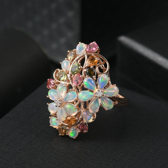 Flora Aurora - D joy Natürlicher, äthiopischer Welo Opal, Mehrfarbiger-Turmalin , 925 Silber 750 Roségold Vermeil (Größe 18.00) ca. 4.07 ct