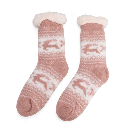 Kuschelige Sherpa-Socken mit Rentier-Motiv, Altrosa