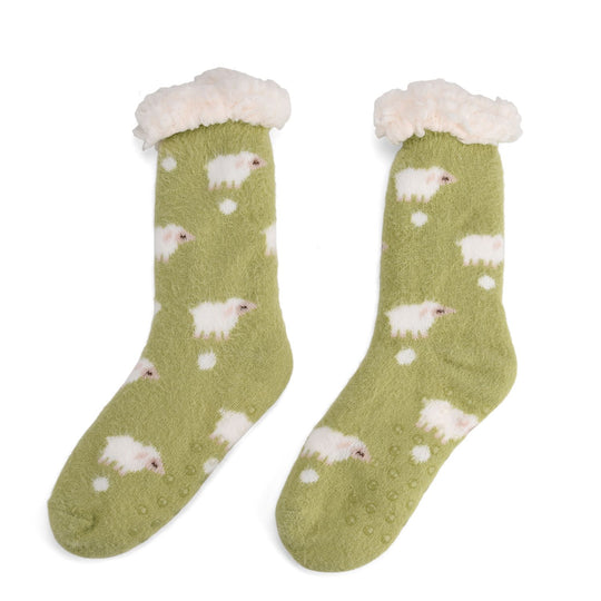 Kuschelige Sherpa-Socken mit Schaf-Motiv, Kaffeebraun