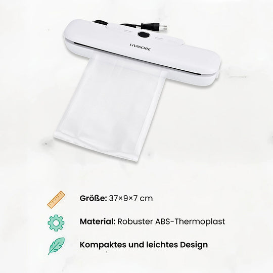 LIVMORE - Vakuumiergerät mit Schweiß- und Vakuumfunktion, inkl. Rollenbeutel und 10 Vakuumbeuteln, Weiß