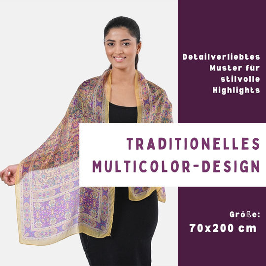 Bedruckter Schal aus 100% Seide, Multicolor-Muster mit türkiser Bordüre, ca. 70 x 200 cm