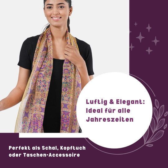 Bedruckter Schal aus 100% Seide, Multicolor-Muster mit türkiser Bordüre, ca. 70 x 200 cm