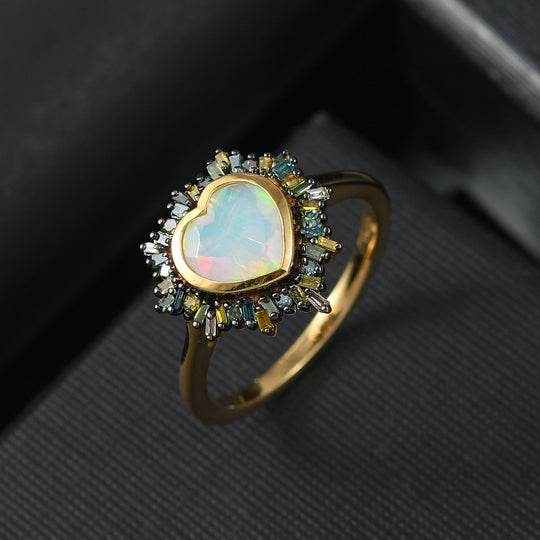 Bloom Heart - D joy Natürlicher, äthiopischer Welo Opal, Blauer Diamant Ring, 925 Silber 750 Gelbgold Vermeil (Größe 20.00) ca. 1.40 ct