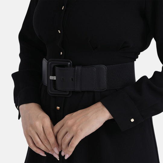 Eleganter Stretch-Taillengürtel mit quadratischer Schnalle, 45 x 6 cm, Schwarz